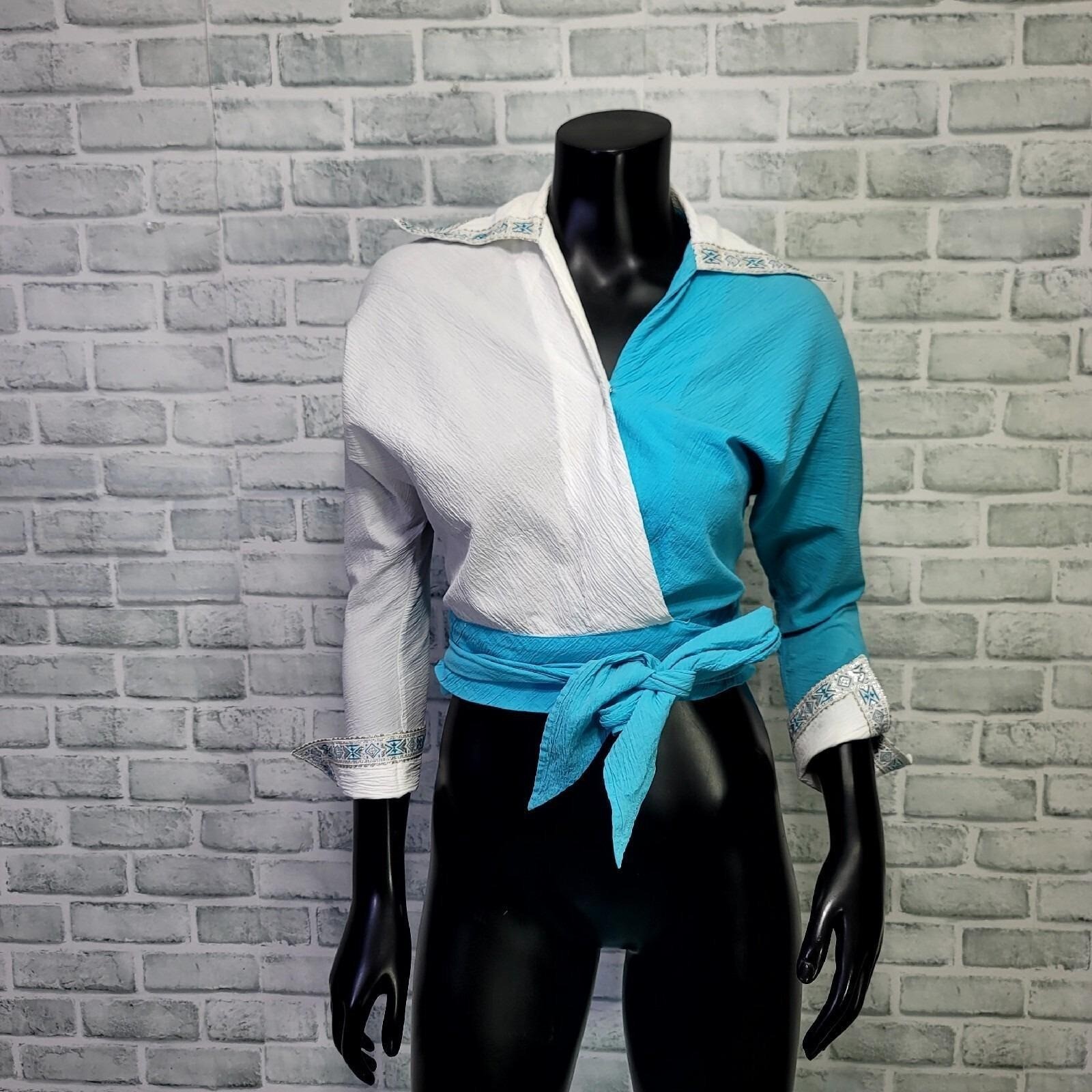 Vintage 70s Blue White Crinkle Cotton Skirt Wrap Top Set Boho Folk Square Dance