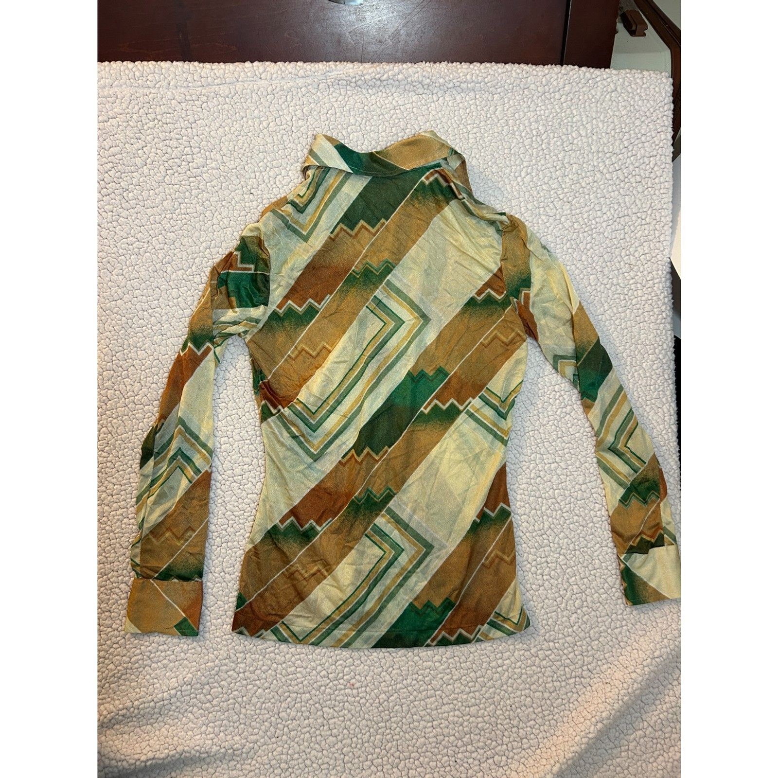 Vtg 70s Dagger Collar Disco Shirt Geometric Print Retro Top