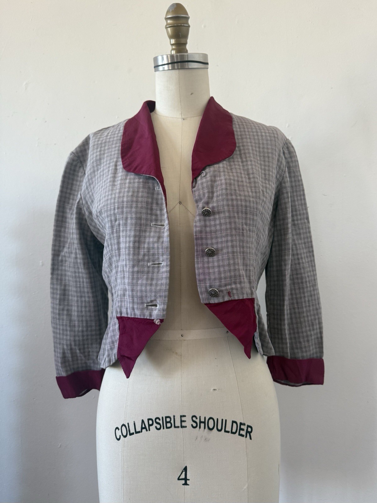 1940s Plaid Rayon Structured Peplum Jacket/Bodice Top W/ Contrast Faille Trim S