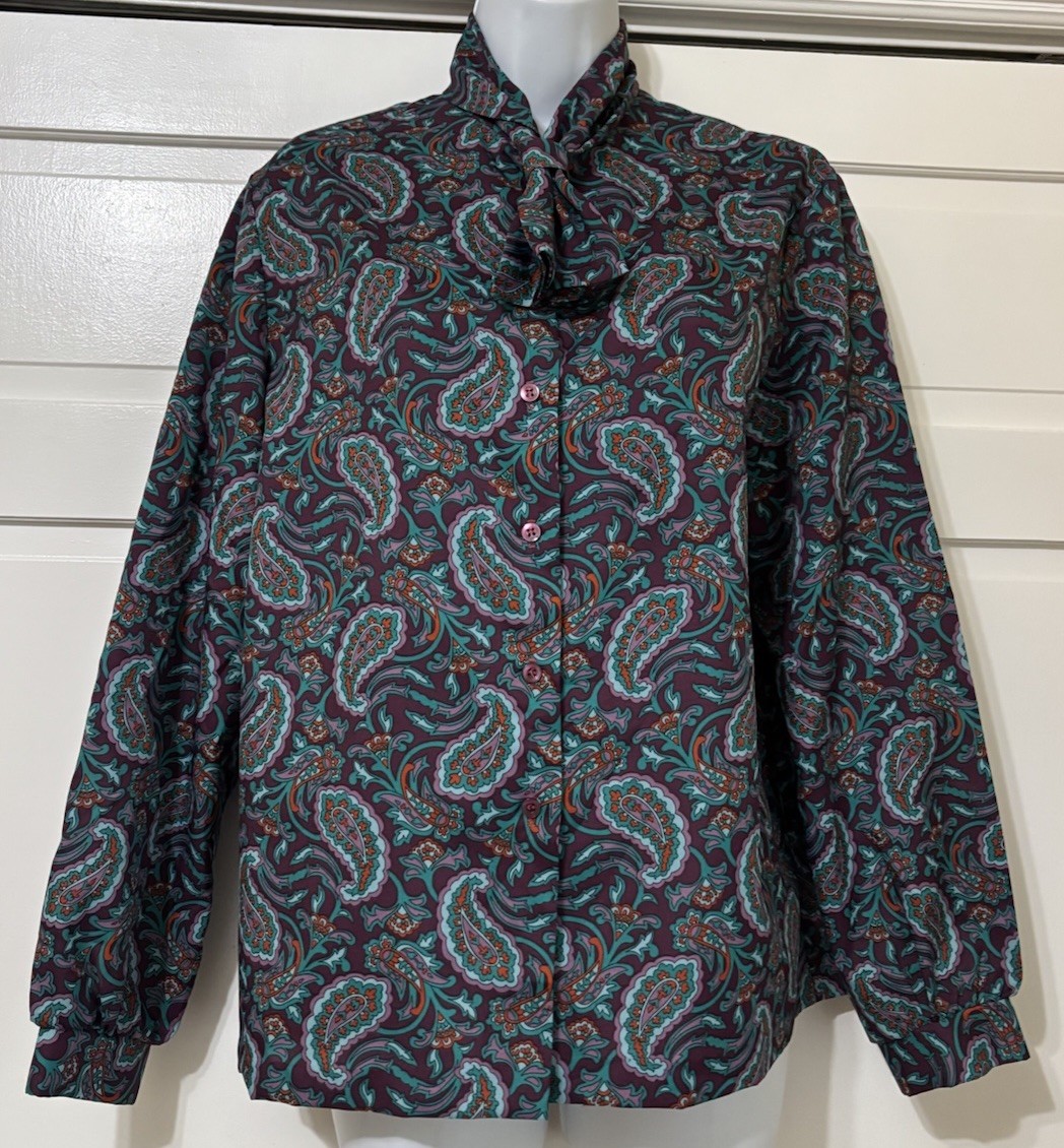 VINTAGE 70s NEW ATTITUDE PURPLE PAISLEY NECK TIE BUTTON BLOUSE UNION MADE SZ 14