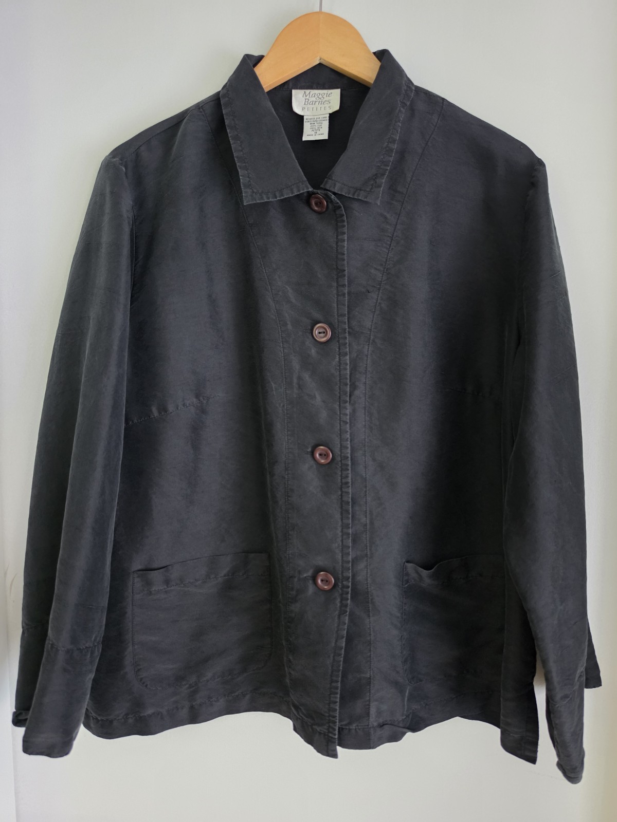 Maggie Barnes Petites Vintage 90s Black 100% Silk Shirt Size 16P Collared