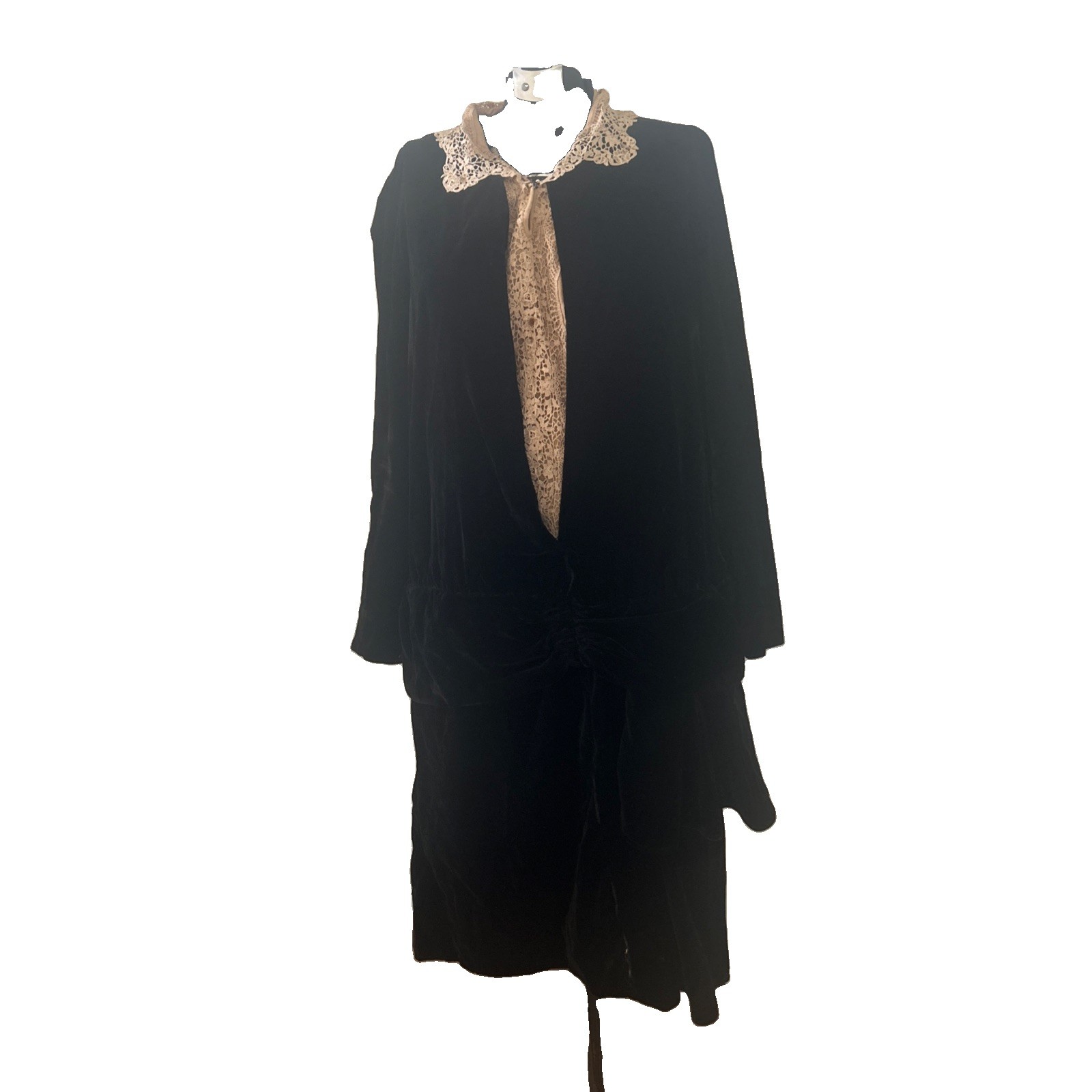 Antique 1920’s Black Velvet Drop Waist Dress Lace Collar & Front Dickie