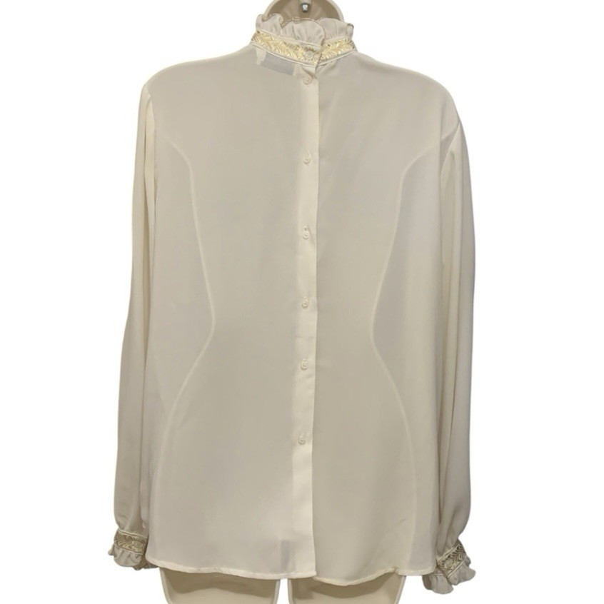 Vtg Diane Richards Women’s Ivory Victorian Blouse Sz 16 Pleated Ruffle Gold Trim
