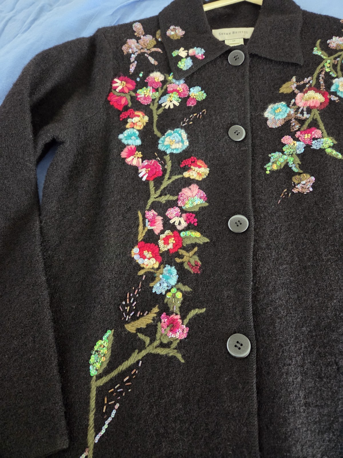 Susan Bristol – Wool Cardigan – Black w/ Embroidered Flowers/beads – Size M