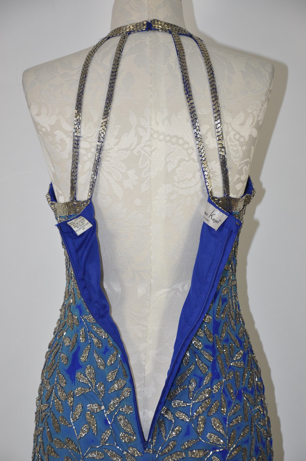80s Vintage Blue Silk Silver Beaded Jeweled Leaves Backless Halter Mini Dress S