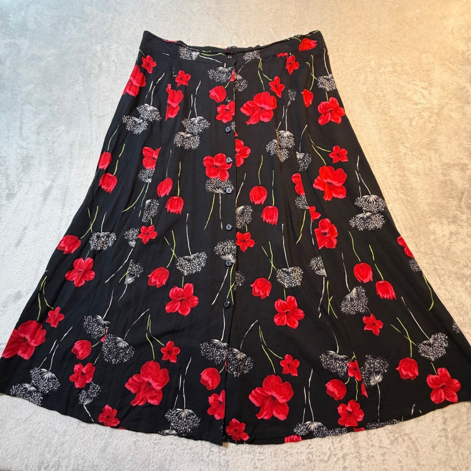 Vntg Floral Poppy Button Front Midi Skirt Black Red 90s Vintage Elastic Waist 1X