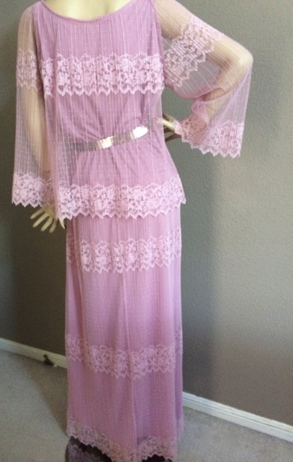 VTG 70s Pink Lavender Sheer Lace Floral Formal Evening Maxi Dress