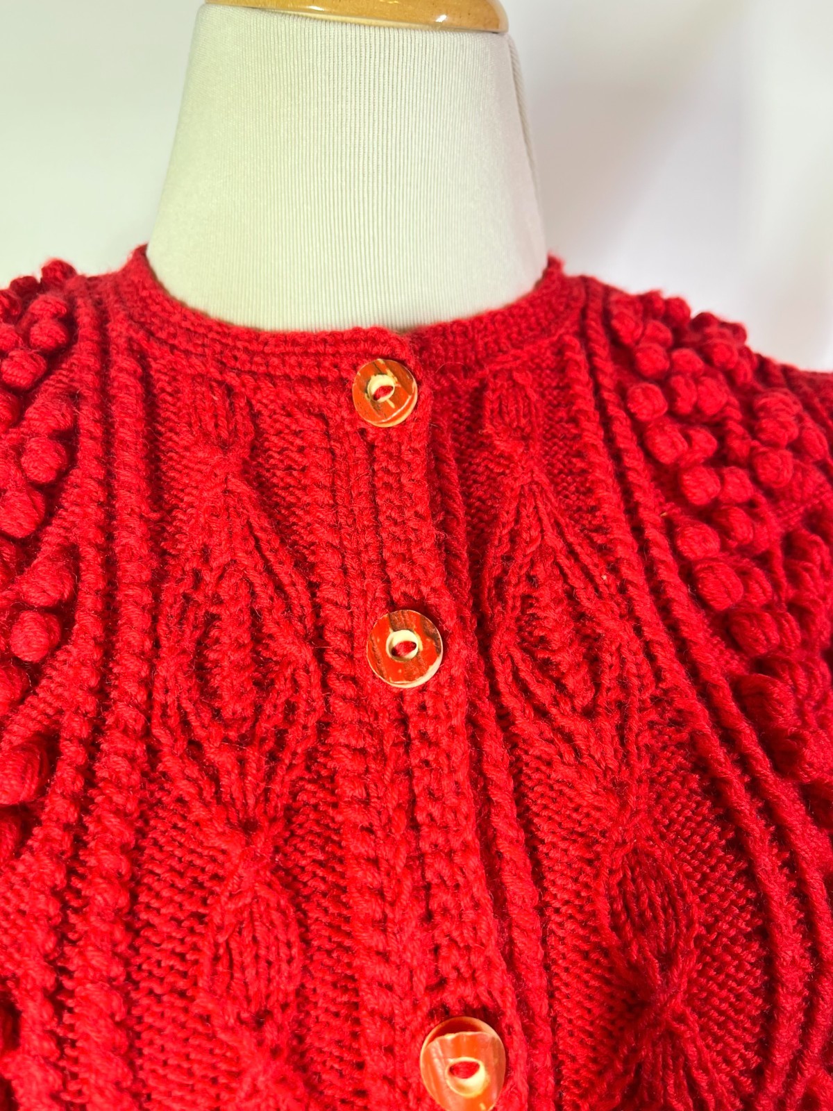 Vintage Gilca Putz Thick Wool Red Cardigan Sweater Pom Poms