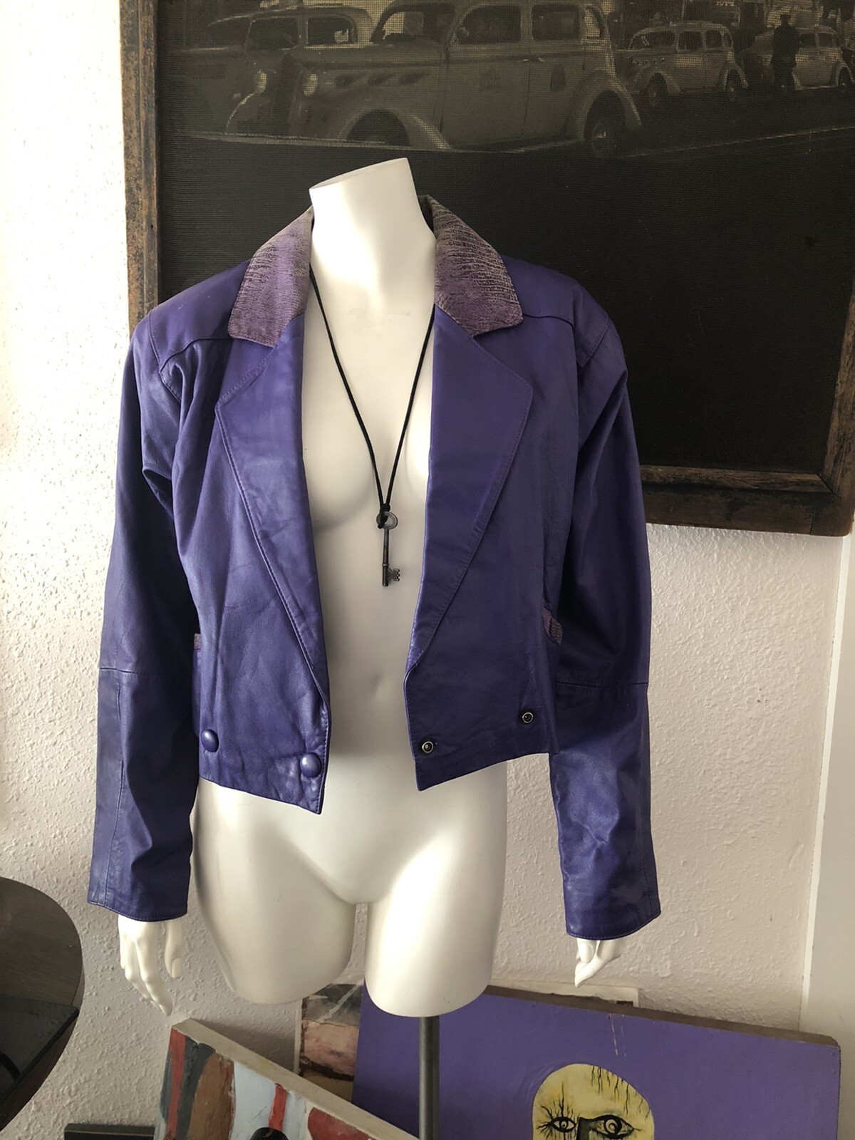Vintage 80s Glam Women’s Size M purple leather bomber biker rocker crop jacket