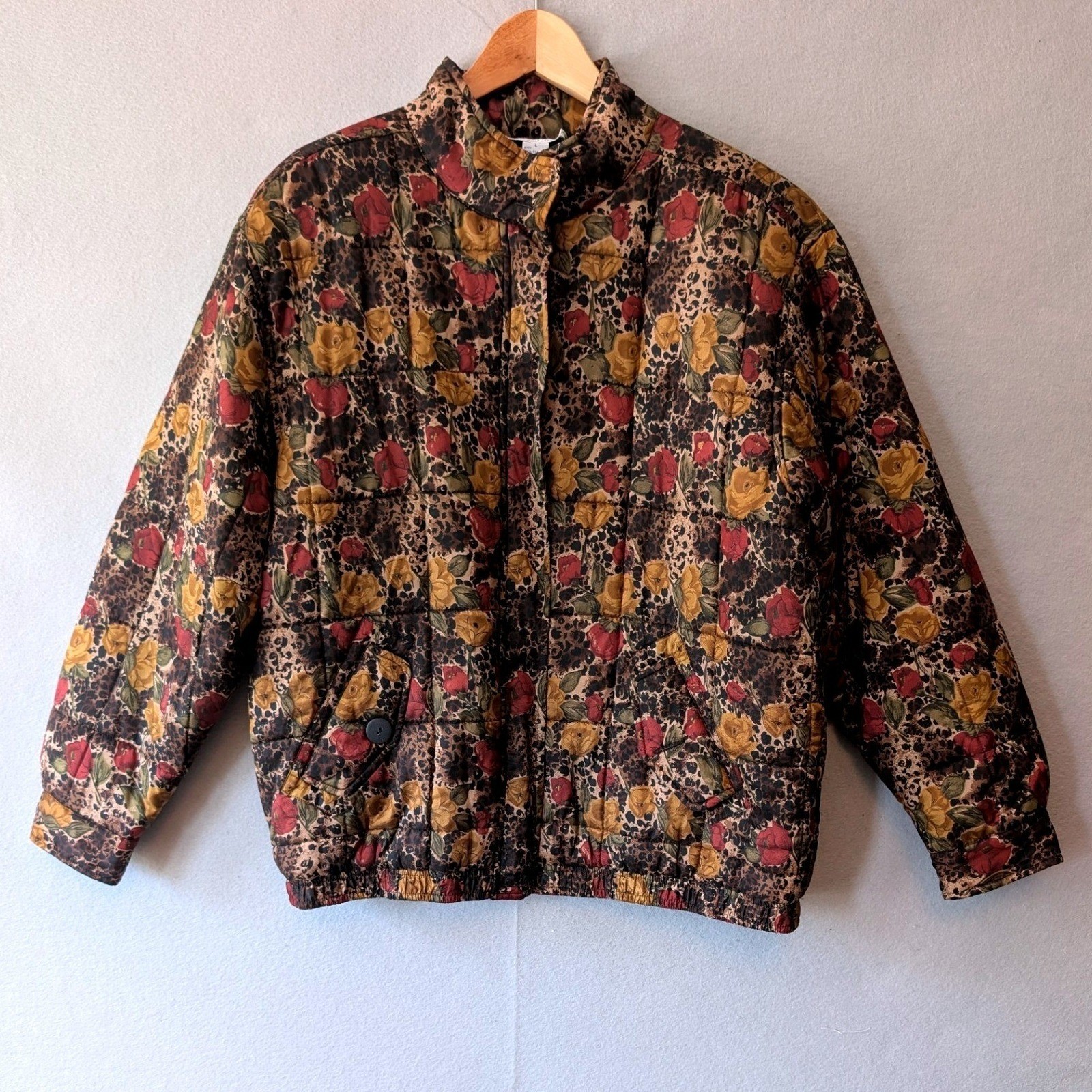 Vtg Anna & Frank Silk Bomber Jacket Brown Floral Leopard Quilted Women Large