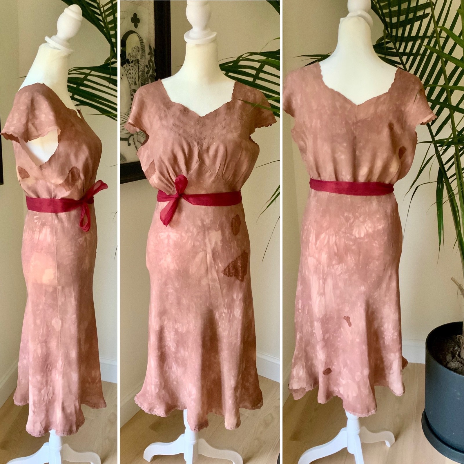 1930s Hand Dyed Silk Dress | Artistically Restored Vintage Lace Appliqué Dress