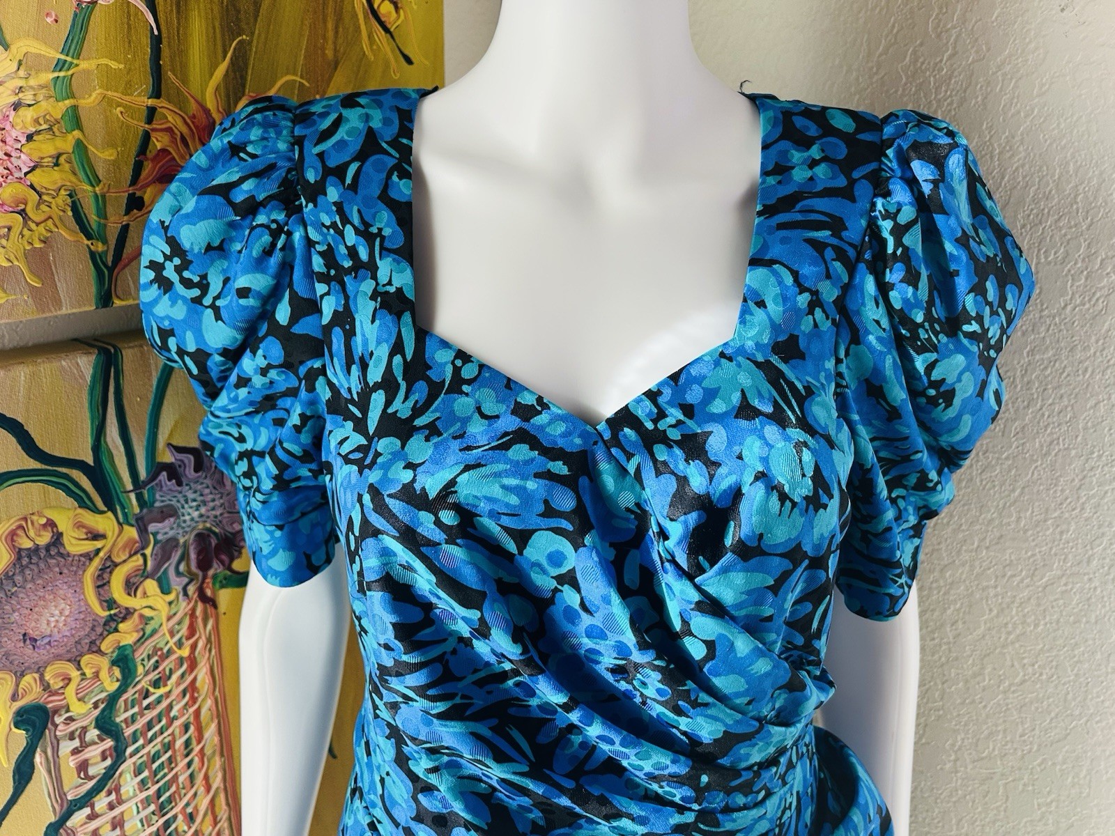 A.J. Bari Blue Floral Print Tiered Dress Bow 80s Vtg Sz 12 See Measurements
