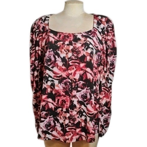 Adrienne Vittadini 2X Blouse Pink Black Floral Rhinestone Accent Stretch Top