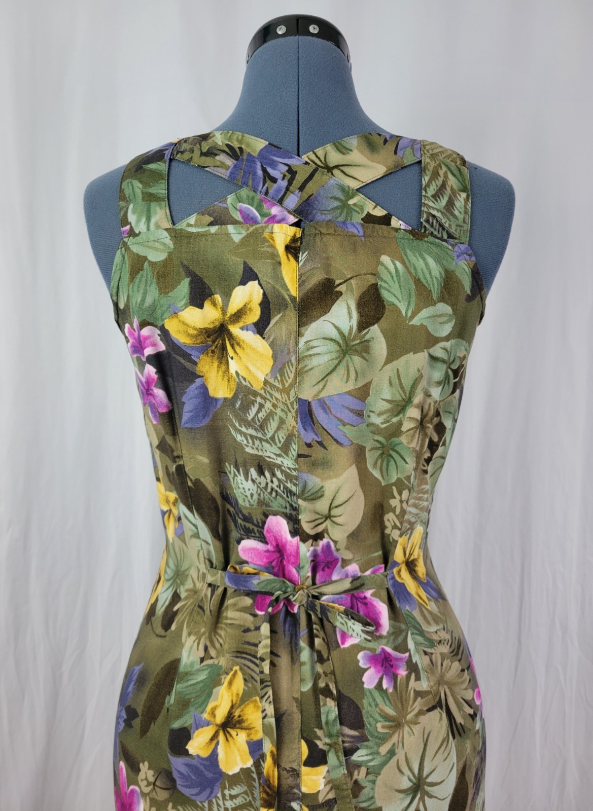 Vintage Erika Mossy Green Floral Sundress w Button Down Front Size Med Petite