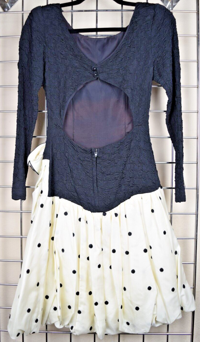 VTG Dress HW Collections Size 3/4 XS/S 80s Black White Crinkly Satin Polka Dots