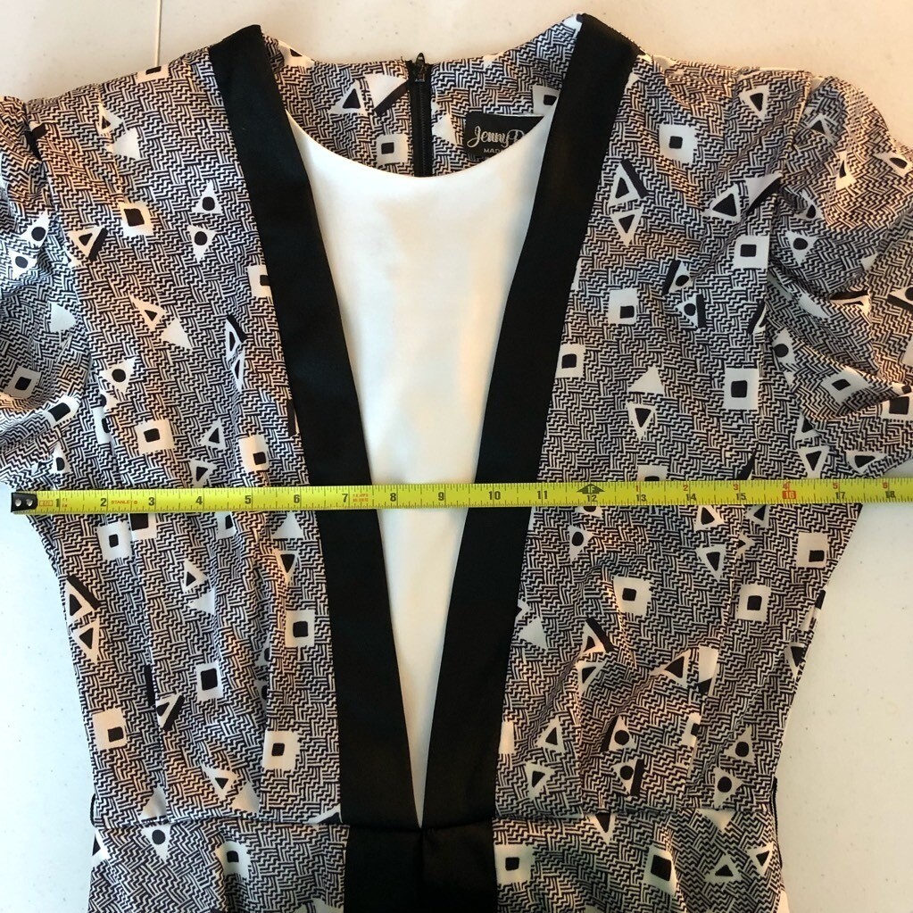 Jenny Petites Peplum Dress Vtg 80s Black Geometric 3/4 Sleeve Shoulder Pads 8