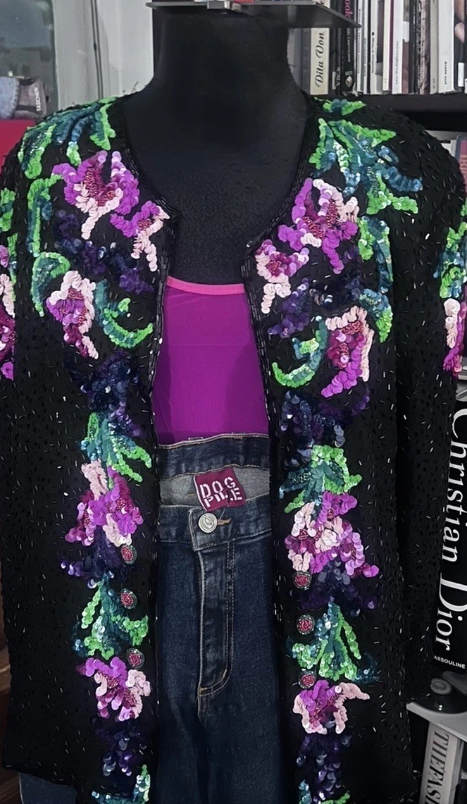 Stunning sequinned & CHAMANI beaded 80s open jacket top. Hook And Eye Closers