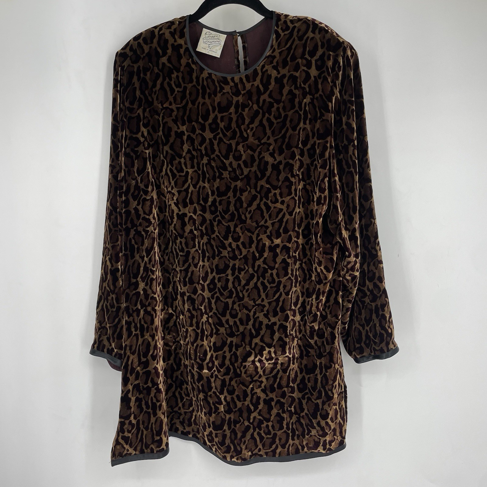 Vintage 90s Maggie Shepherd Cheetah Leopard Velvet Long Sleeve Dress