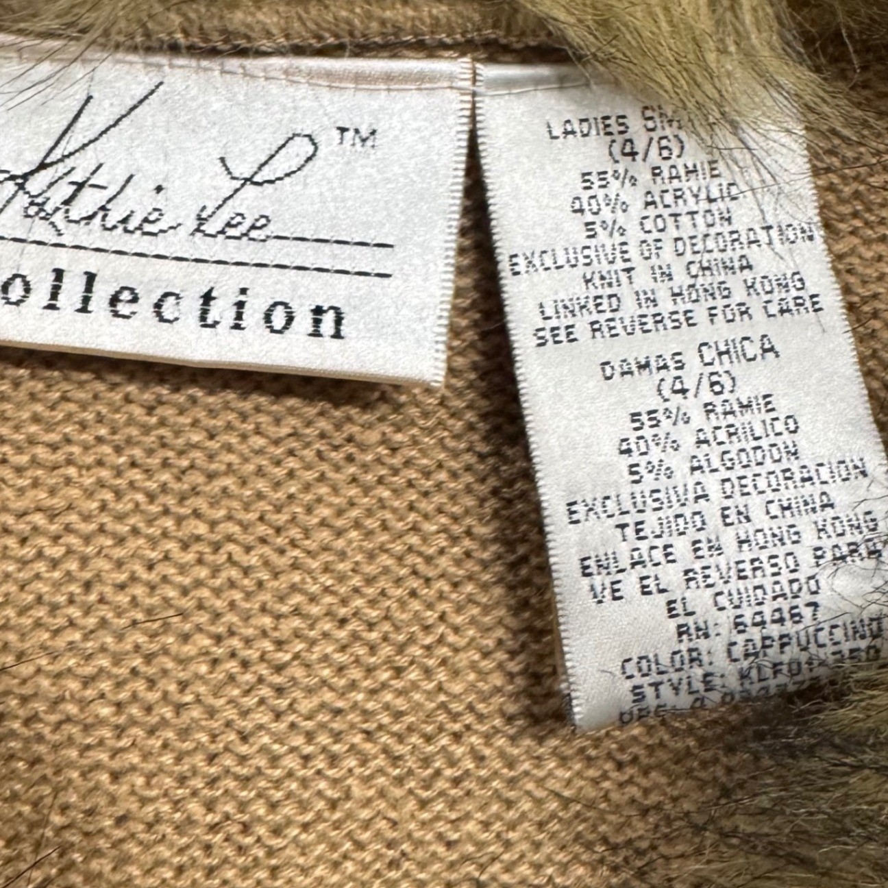 VTG Y2k Kathie Lee Brown Fur Collar Button Cardigan S/S Retro Old Money Mobwife