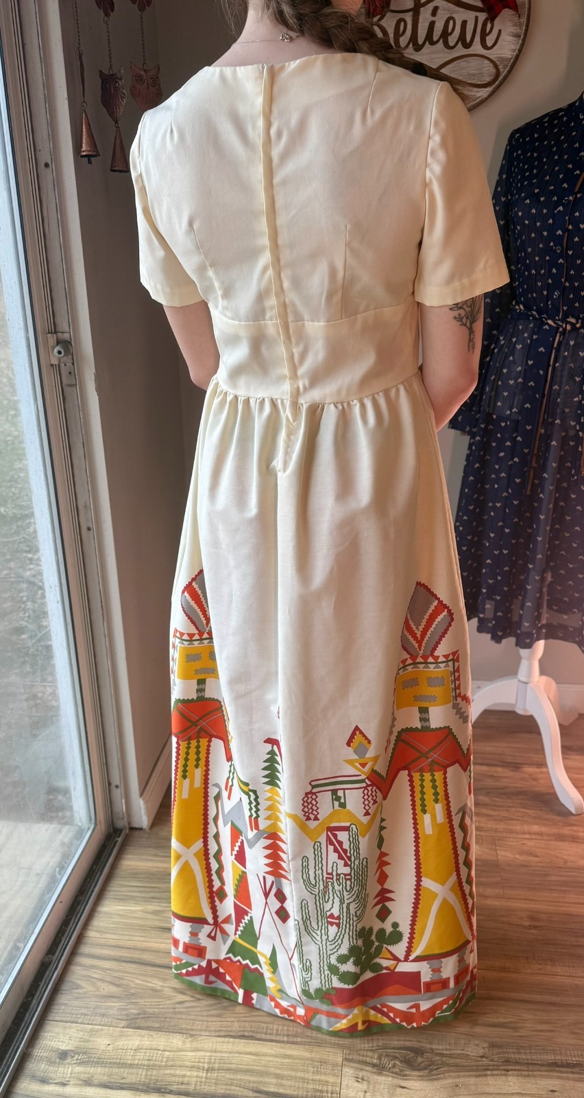 Vtg 1960s 70s Maxi DRESS Kachina Doll CACTUS Print Native FOLK ART Skirt XS/S