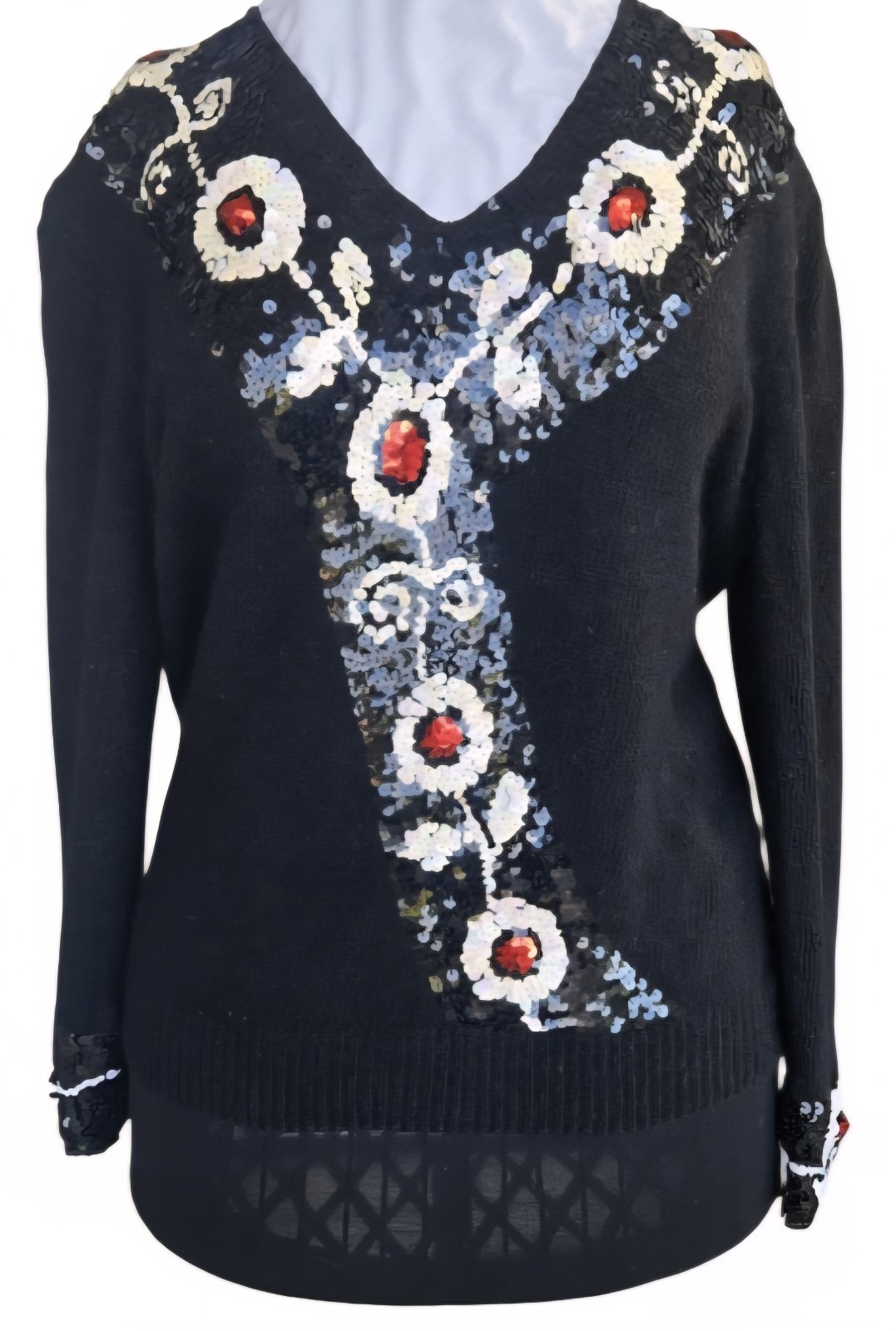 1980s LE CHOIS Black Sweater With Black Silver & Red Rose Sequins Sz Medium