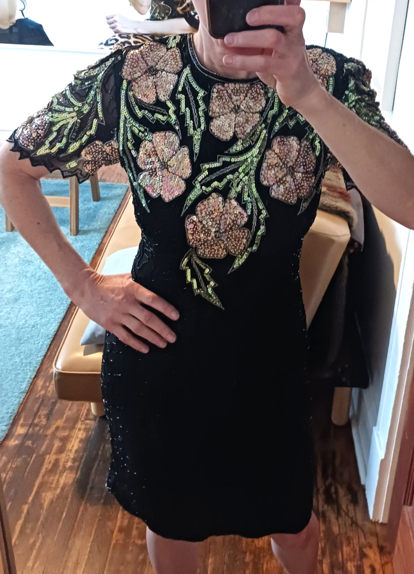 Vintage Black Floral Beaded and Sequin Midi Dress by Scala, Small