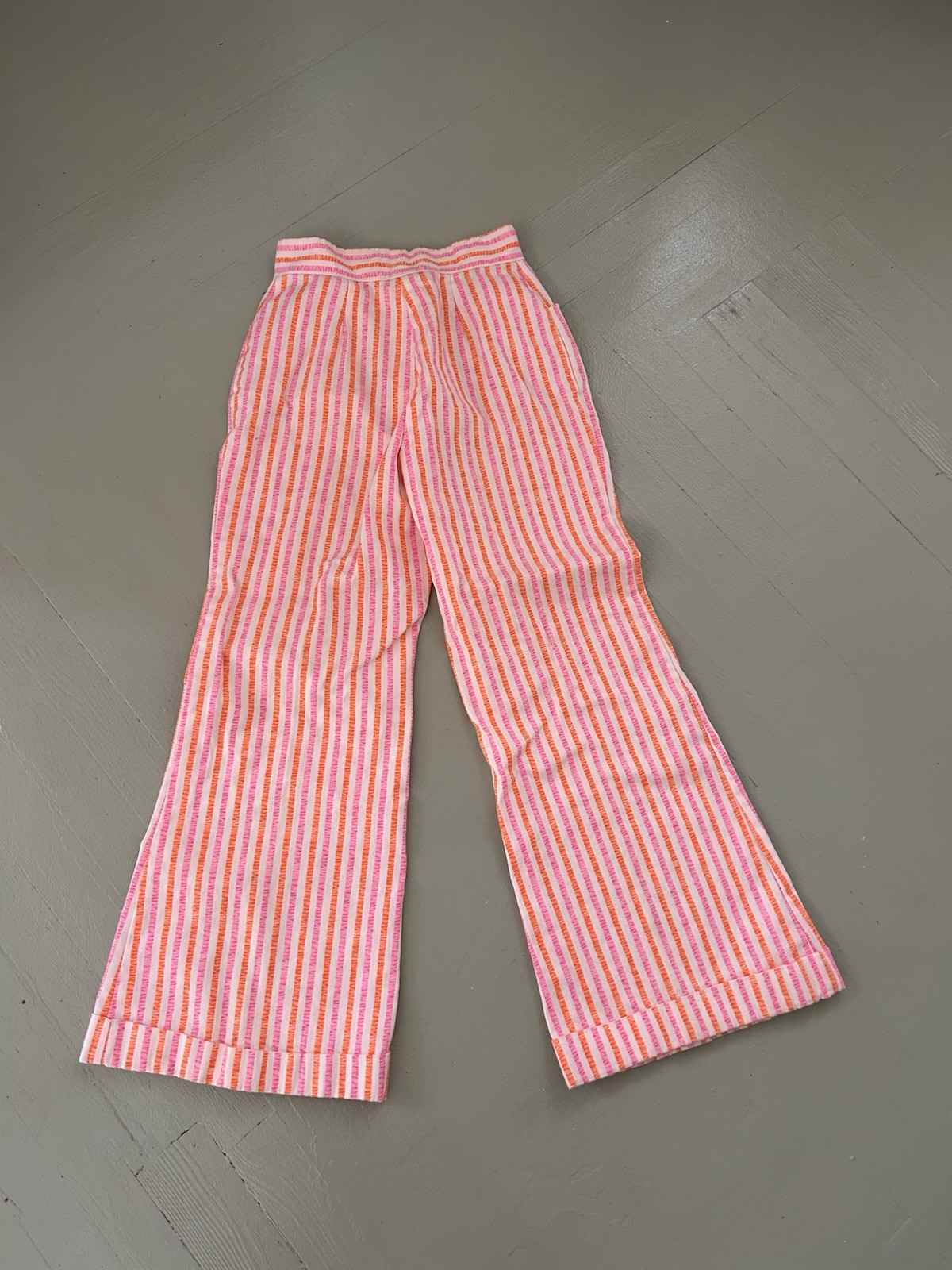 Vintage Pan Trends Flare Bell Bottom Pants Cuff Sz9/10 Candy Stripe Pink Orange