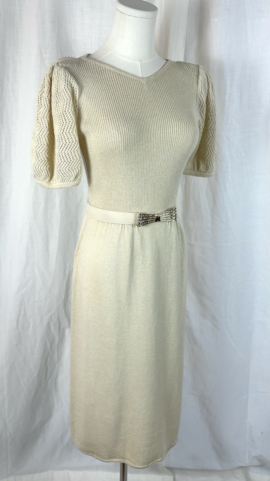 Vintage 80’s St. John Knits Cream Sweater Dress With Rhinestone Belt Luxury Sz 8