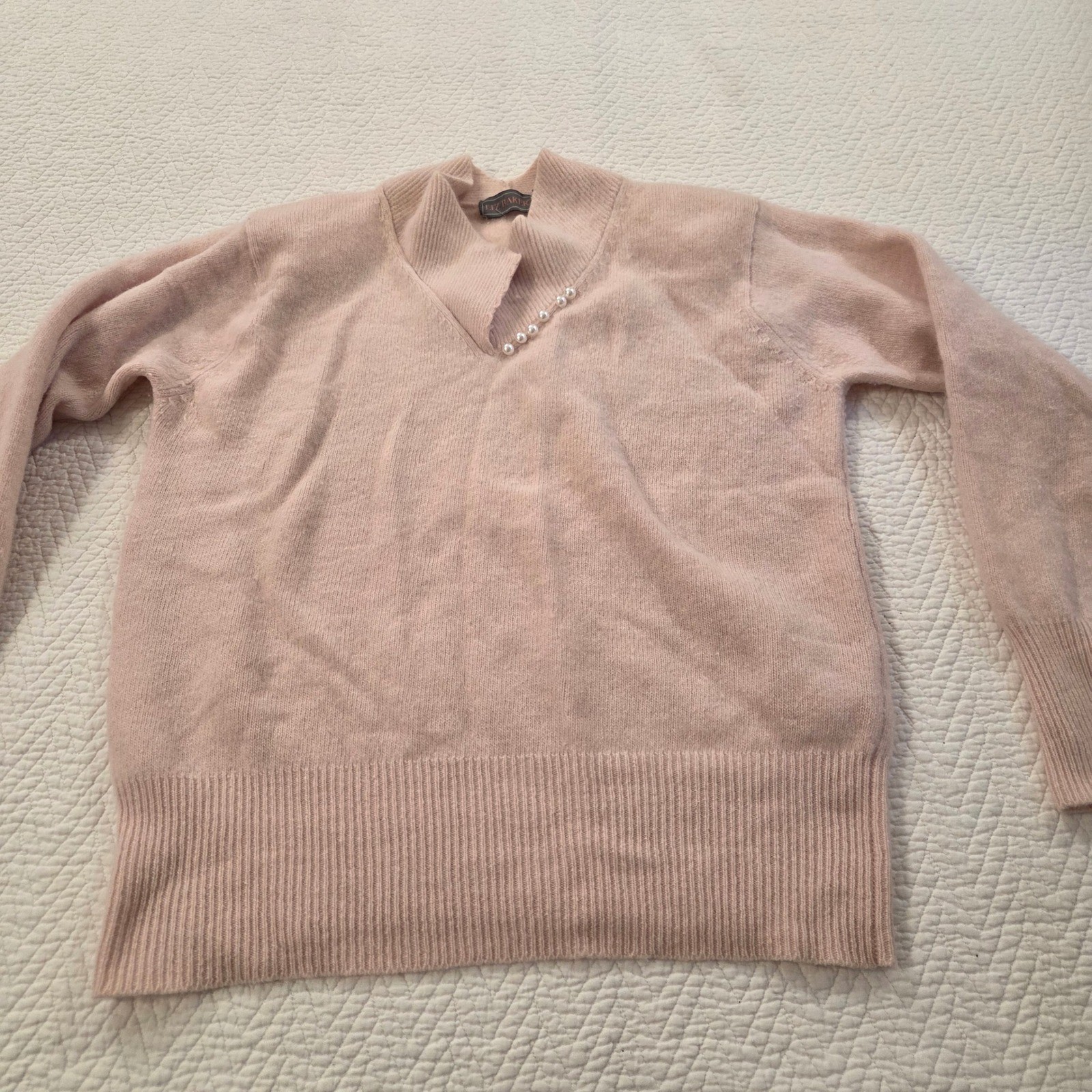 Liz Baker Vintage Pink Lambswool Angora Pearl V-Neck Sweater 1X Plus Size