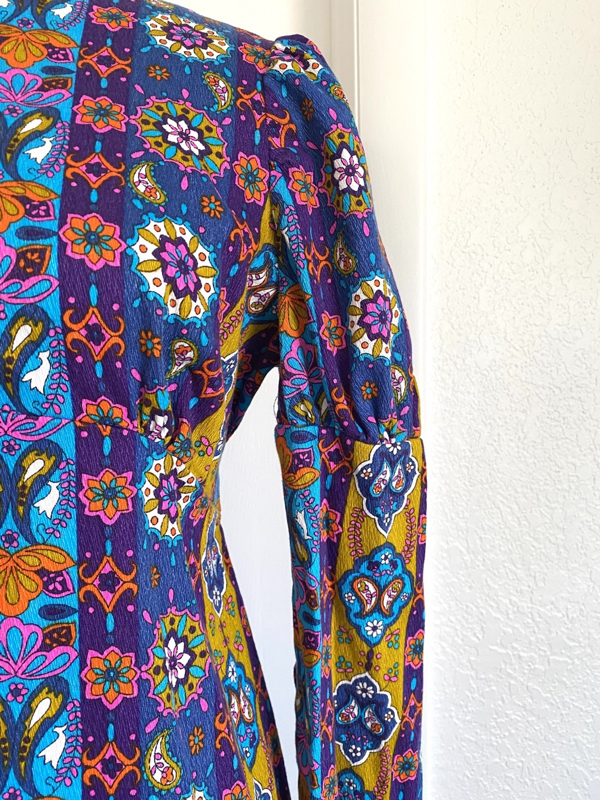 Vtg 60s 70s Psychedelic Rainbow Floral Mod Boho Gogo Hippie Dress – M Tie Back