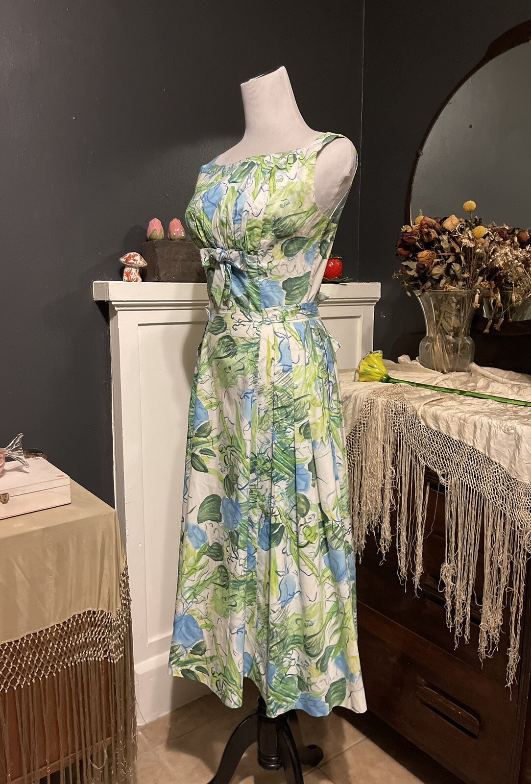 1950’s Vintage Water Color Floral Summer Dress Blues Greens