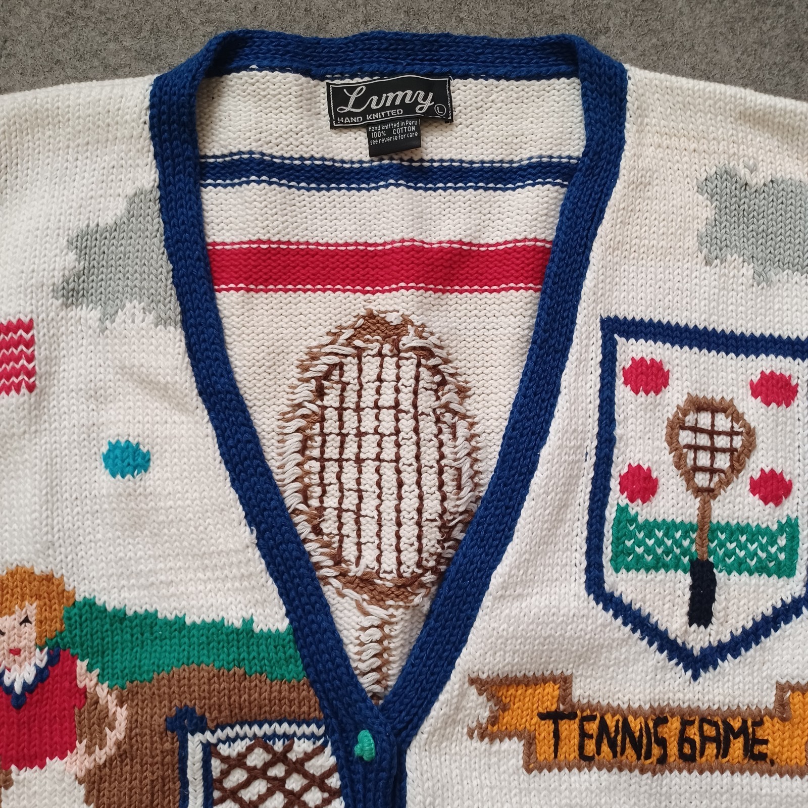 Vintage Lumy Cardigan Sweater Womens Large Tennis Game Theme Hand Knitted 80s