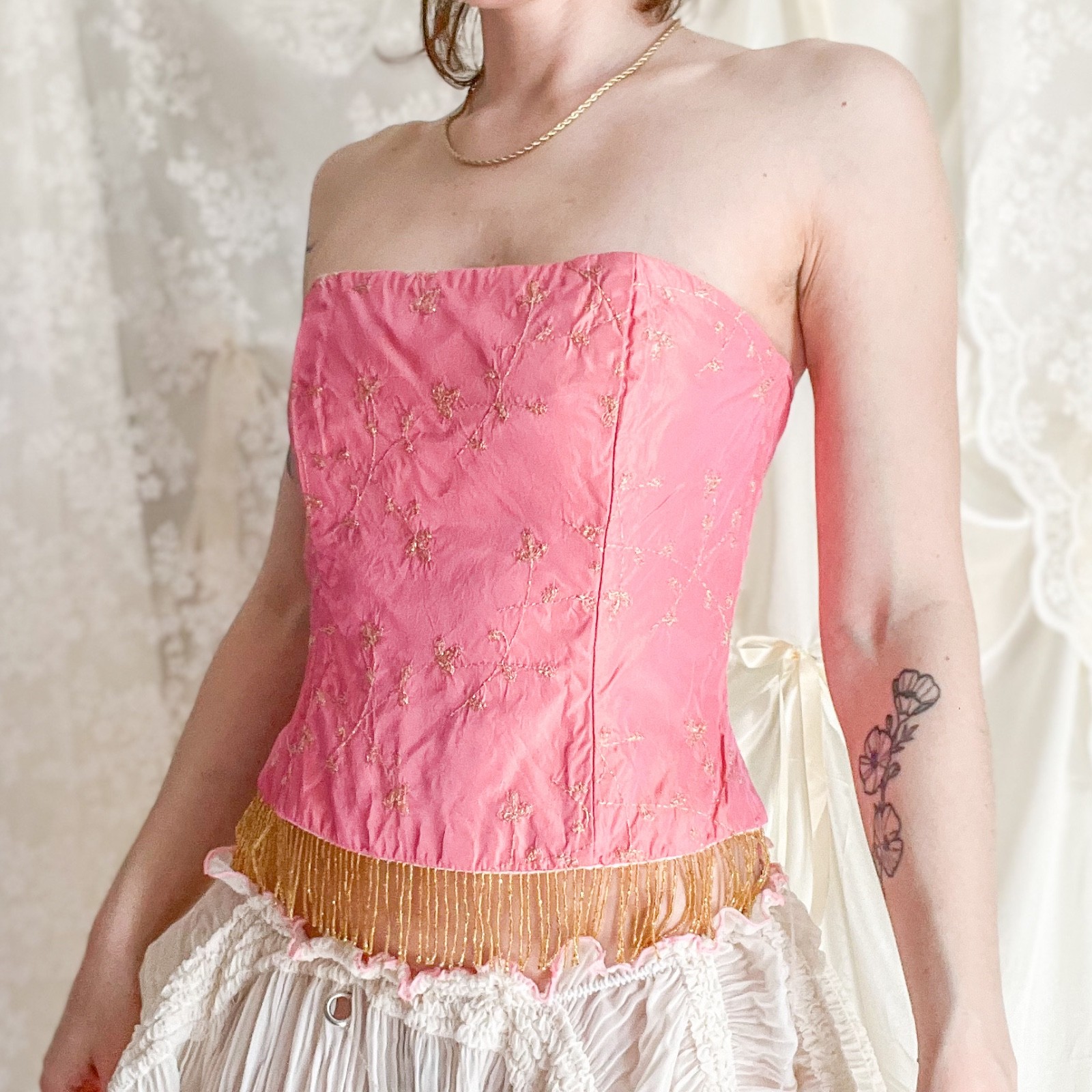 Gunne Sax Millennium Pink Beaded Fringe Corset Top
