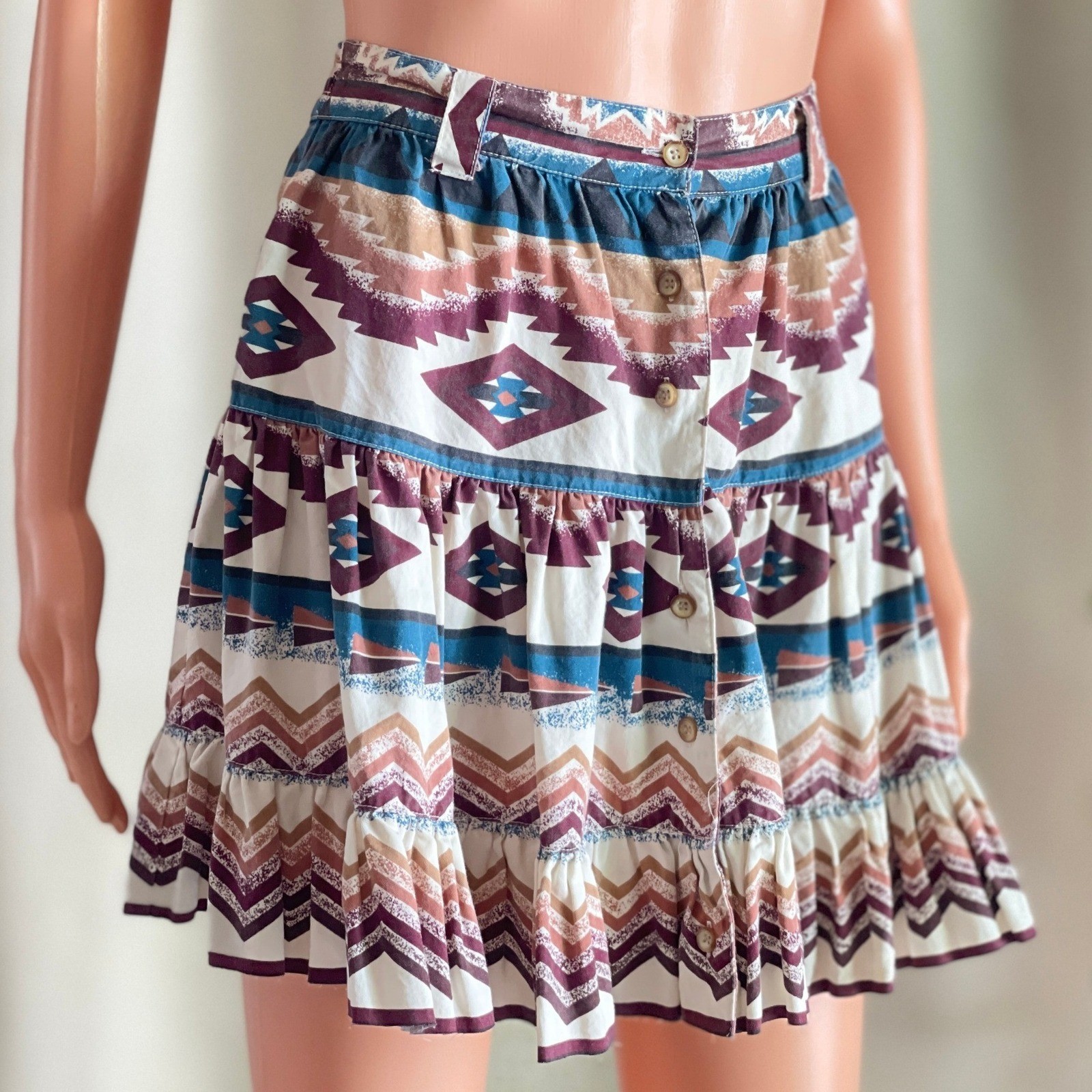 Adobe Rose Vintage 1994 90s Southwestern Cotton Mini Skirt Button Front Ruffle S