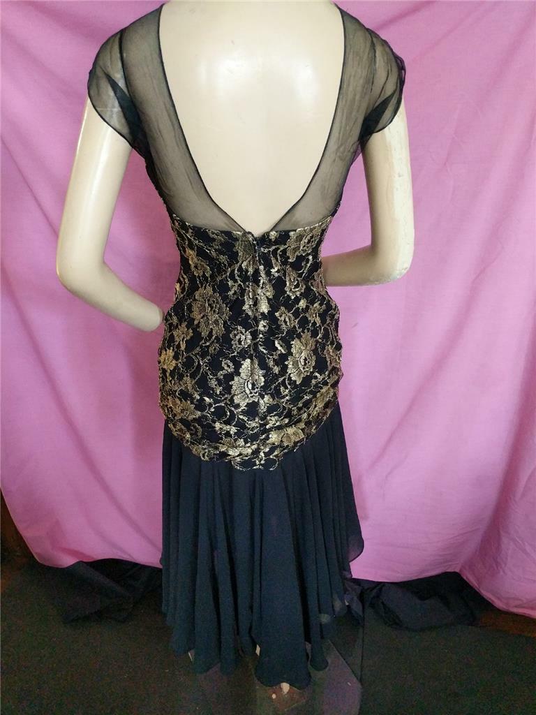 1980’S VINTAGE BLACK CHIFFON & GOLD METALLIC HI LO HEM CASADEI DRESS-34″ BUST
