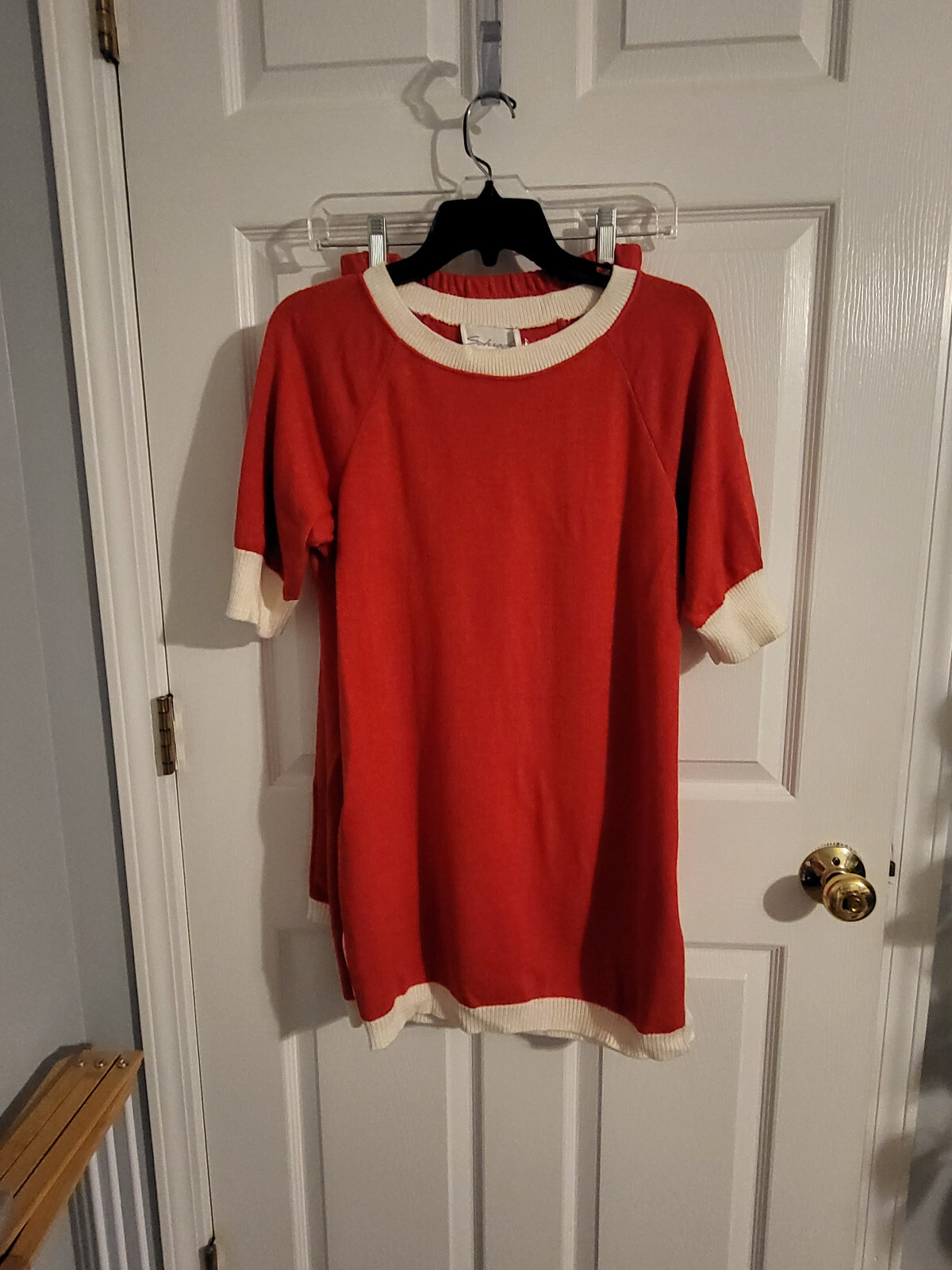 VINTAGE SCHRADER KNIT WOMENS RED SWEATER SKIRT 2 PC SET WHITE TRIM SZ 8 VGC