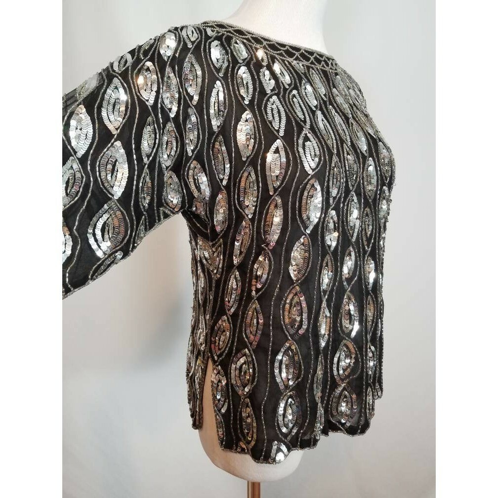 Vtg Sho Max NY Silver Sequin Silk Crepe Blouse Vertical Stripe Disco NYE Party S
