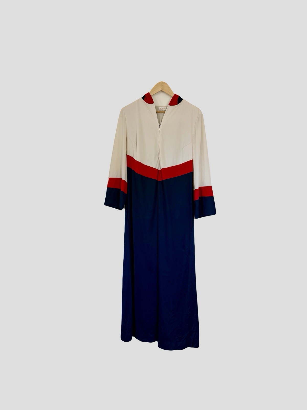 Vintage 70s LeRoy’s Red White Navy Color Block Hooded Maxi Kaftan Long Dress L