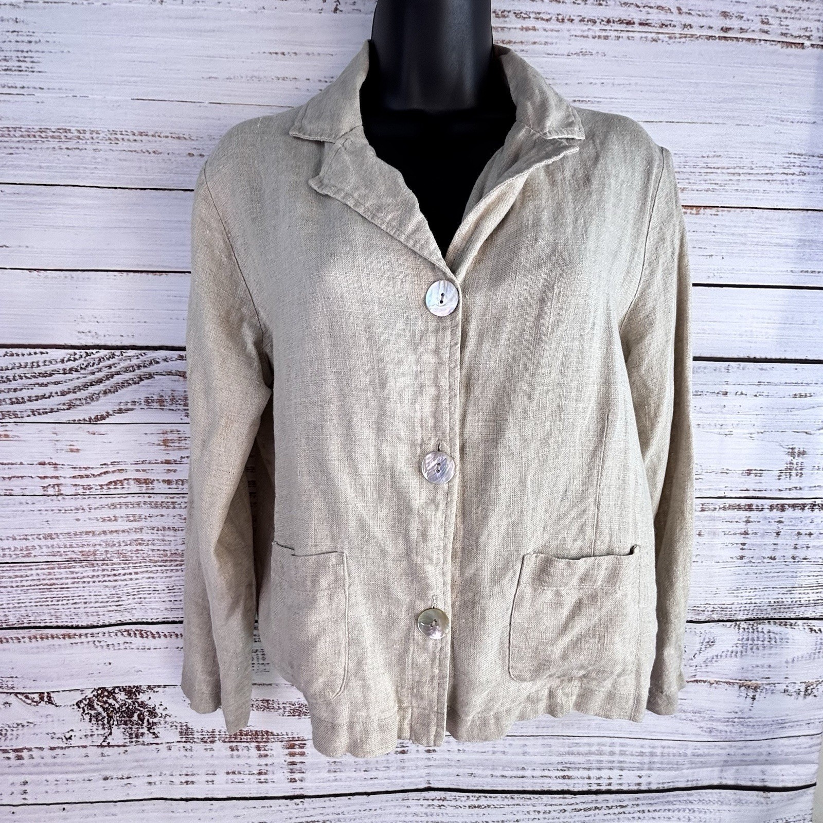 Vintage Jacket 8P Beige 100% Linen Shell Button Cinch Patch Pocket Minimalist