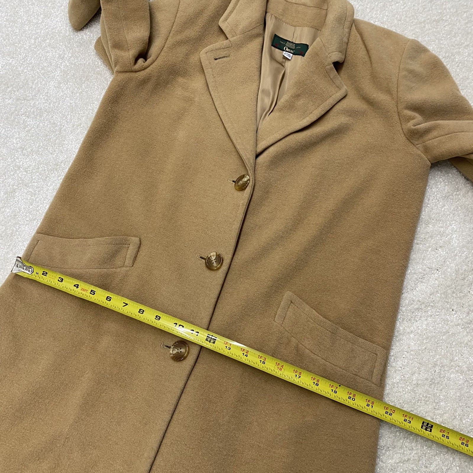 Vintage Womens 100% Camel Hair ORVIS Tan/Camel Satin Lined Trench Coat Size 8