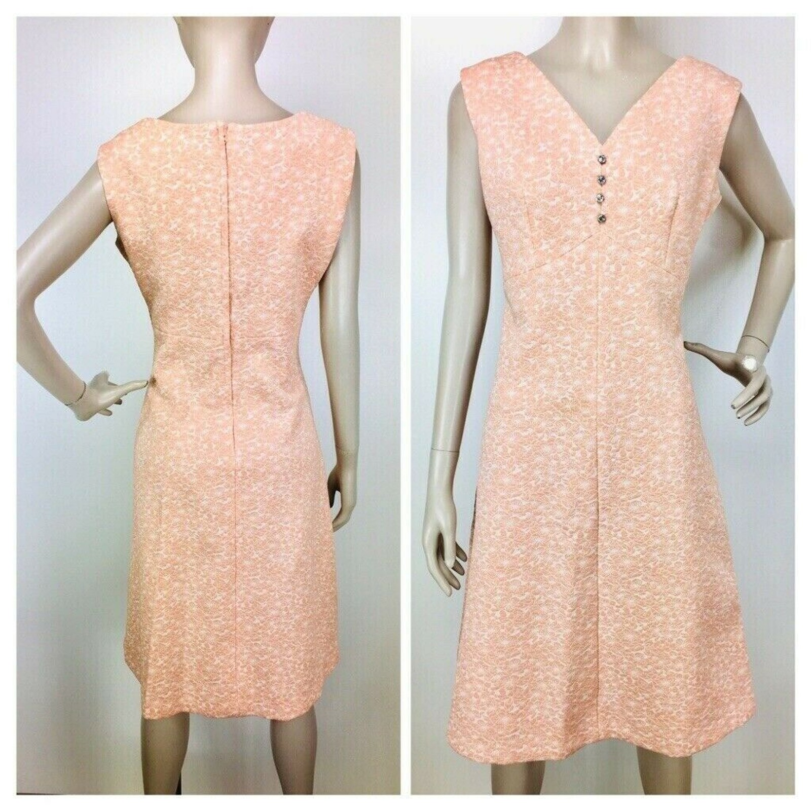 Vintage 60s Peach Floral Jacquard Sleeveless Shift Hostess Dress Bleeker Street