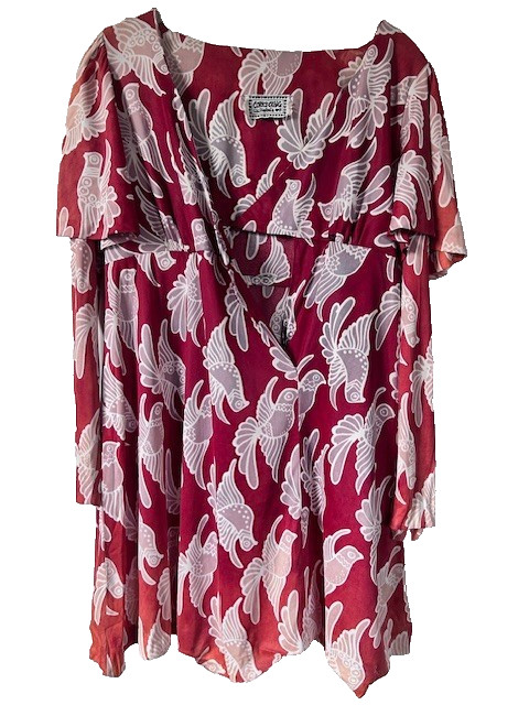 Corky Craig 70s Vtg Mini Dress Red Orange White Bird Short Flared Slvs over L/S
