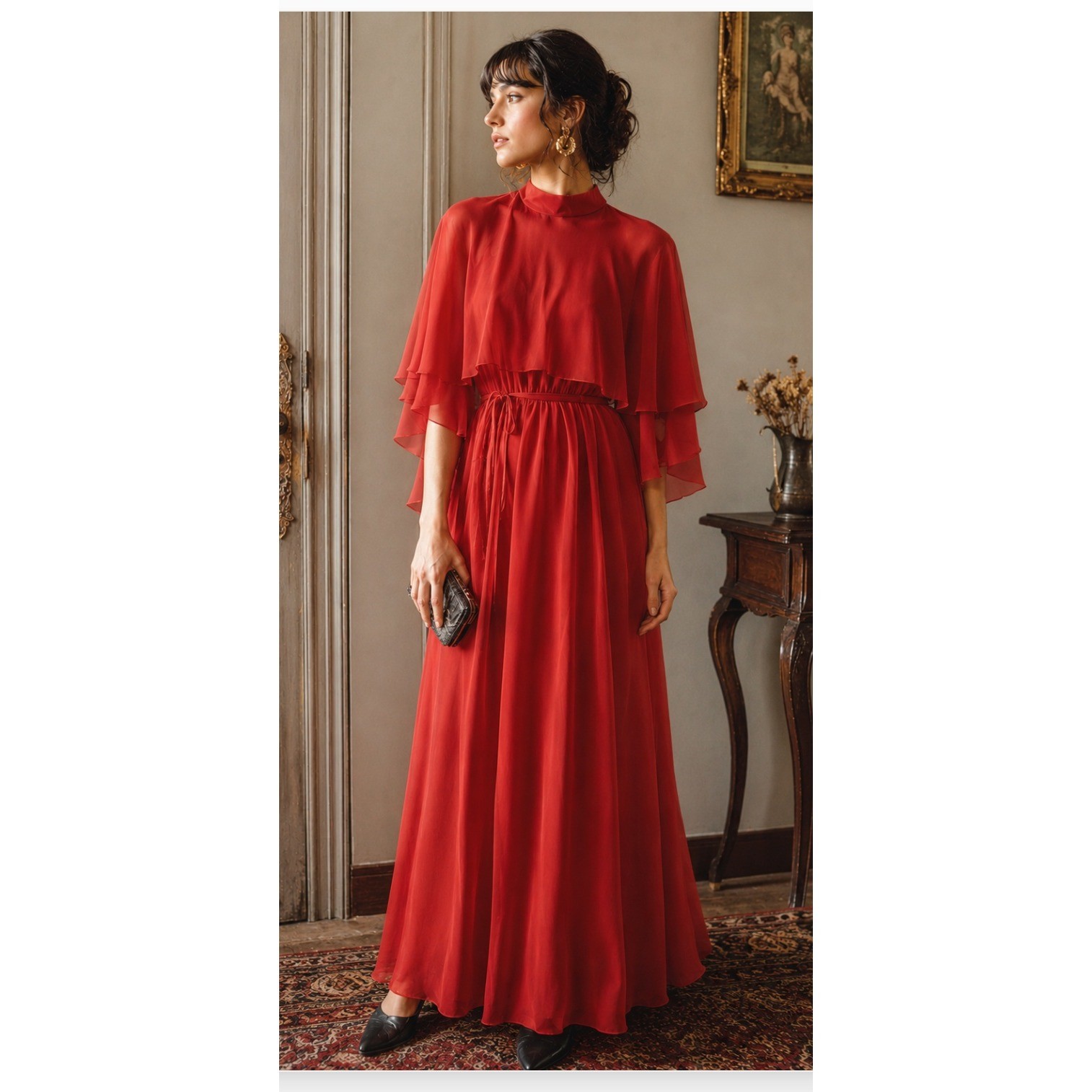 Vintage Jeanne Durrell Capelet Maxi Dress 14 70s Goddess Romantic Boho Rretro