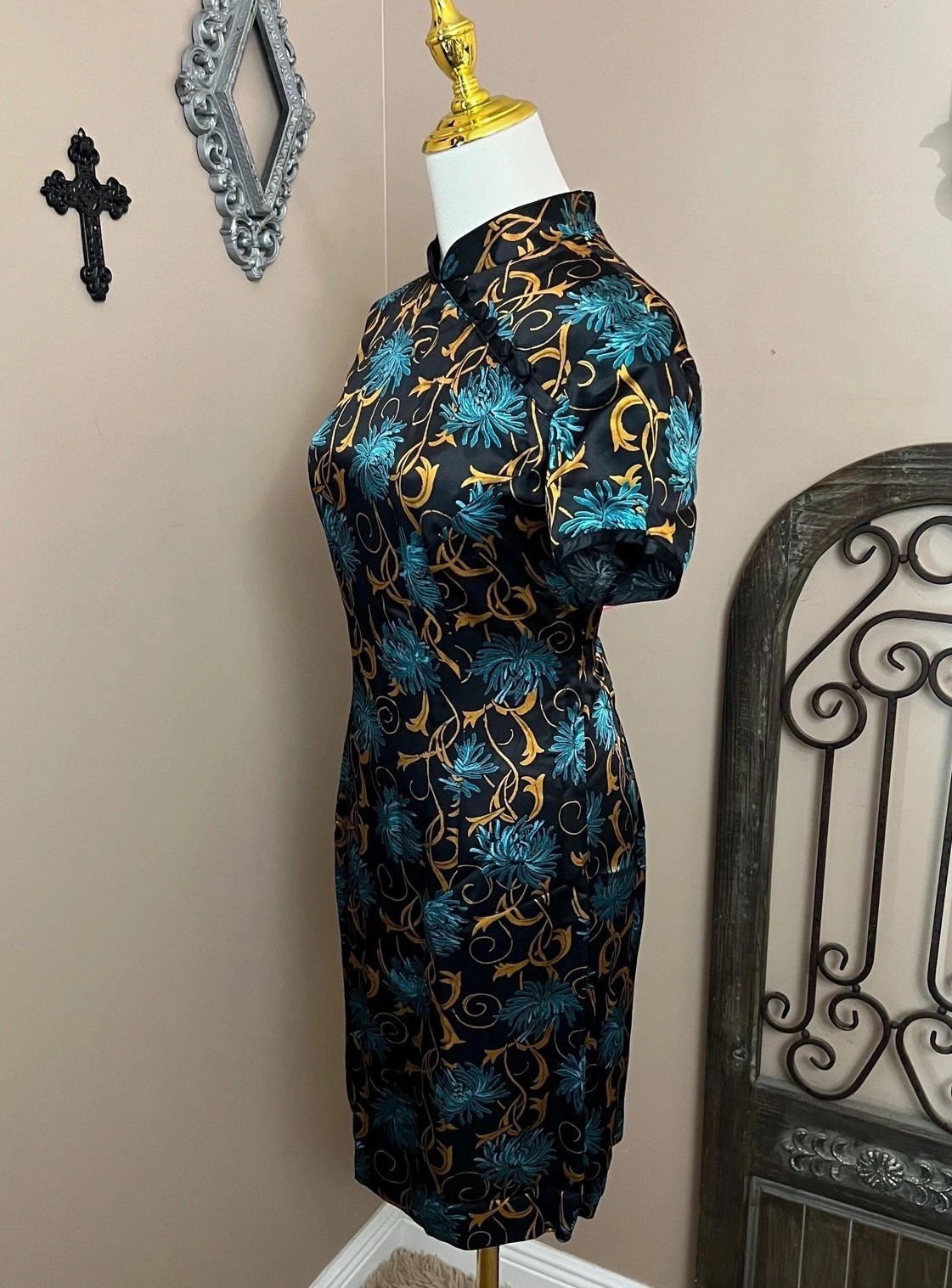 Vintage 90s Black Floral Satin Cheongsam Dress Whimsigoth Gothic Size 10 Med