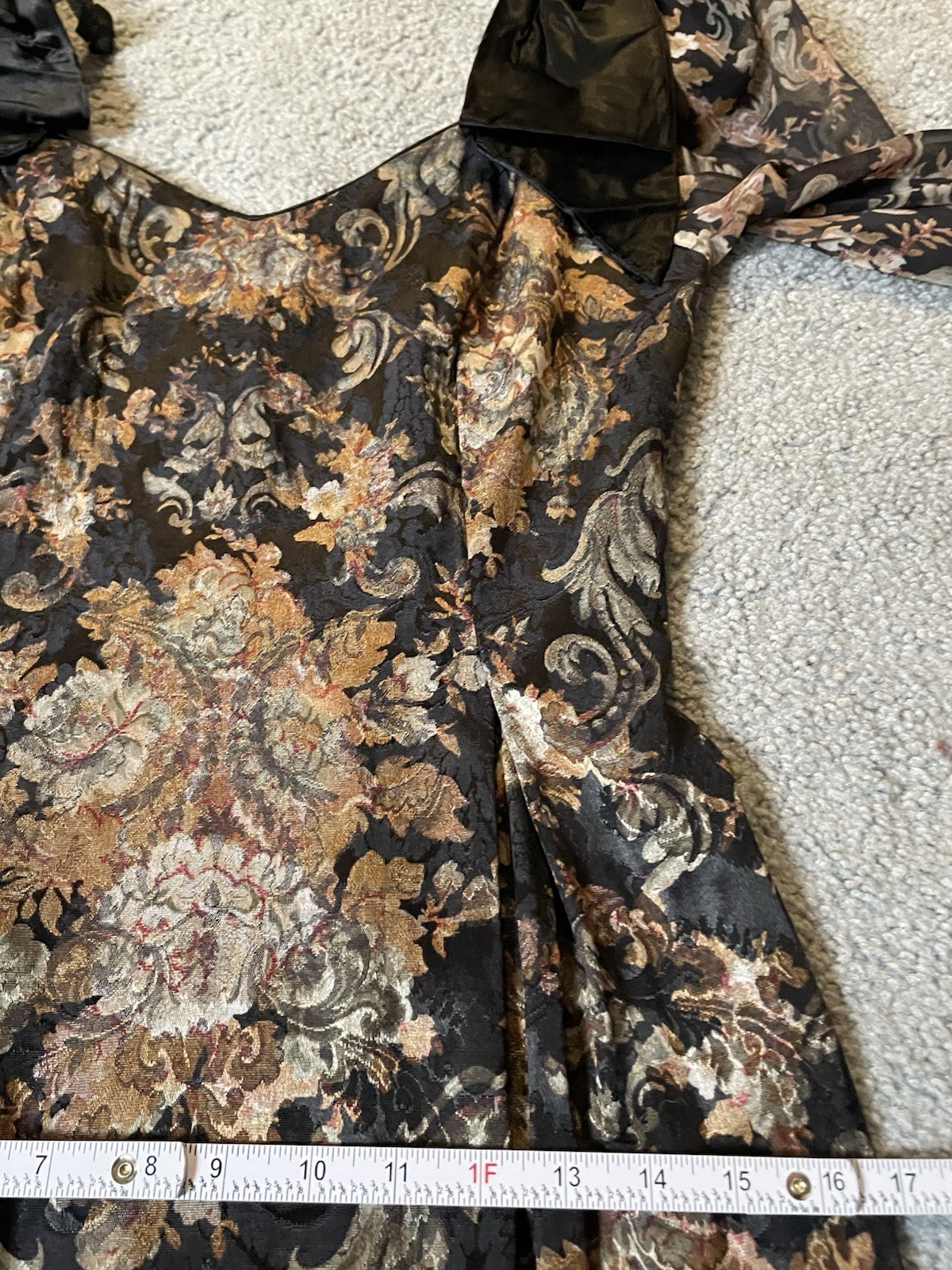 Vtg 80s Floral Brocade Mini Dress S Beige Black Bow Sheer Sleeve Pleated Classic