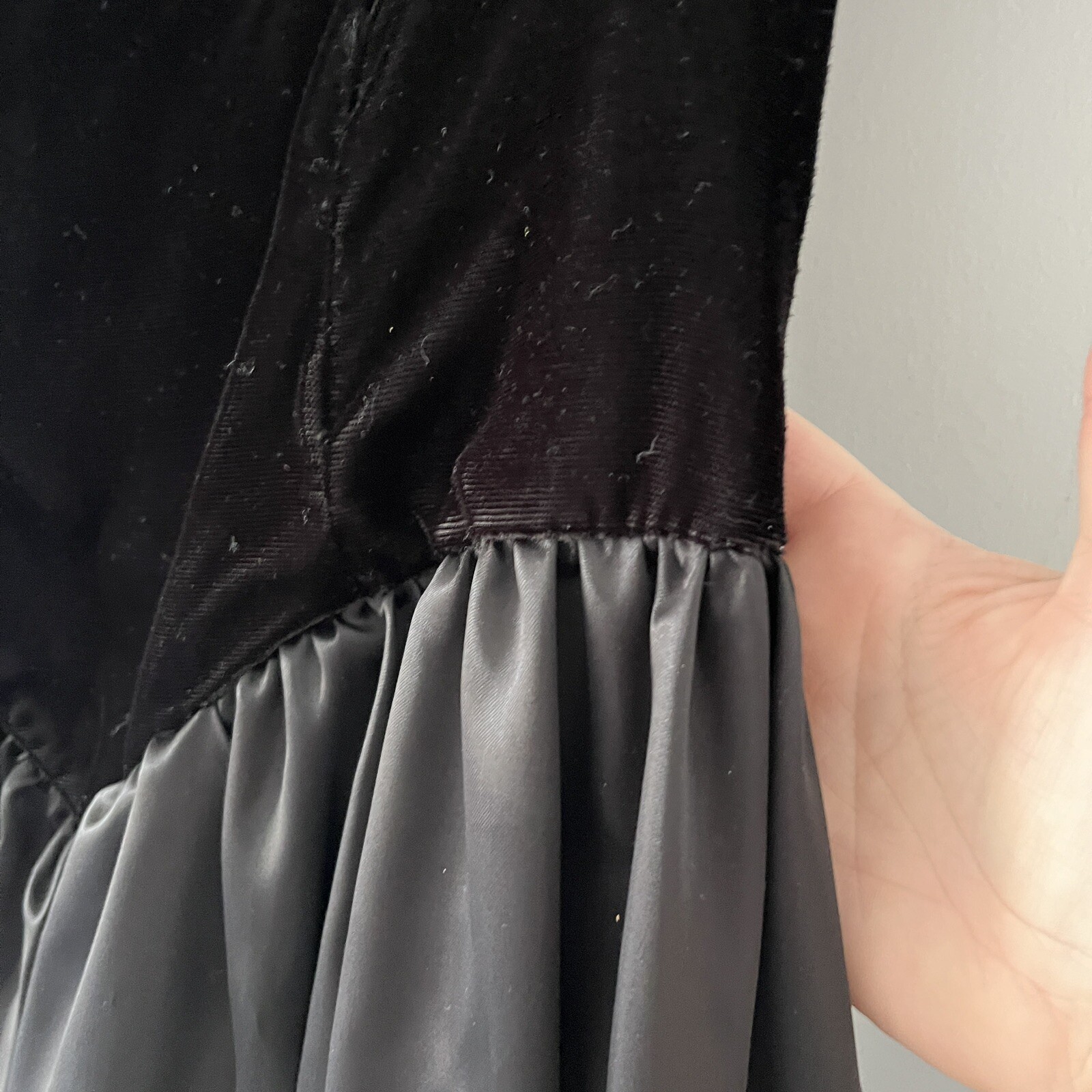 Vintage Roberta Black Velvet Tafetta Puff Sleeve Dress Satin Bow Gold Sequin