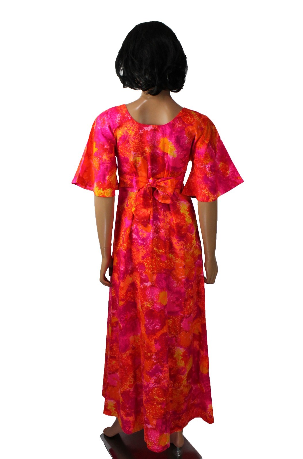 70s Hawaiian Maxi Dress Sz XS Vintage Bright Orange Pink Floral Long Cotton Mumu