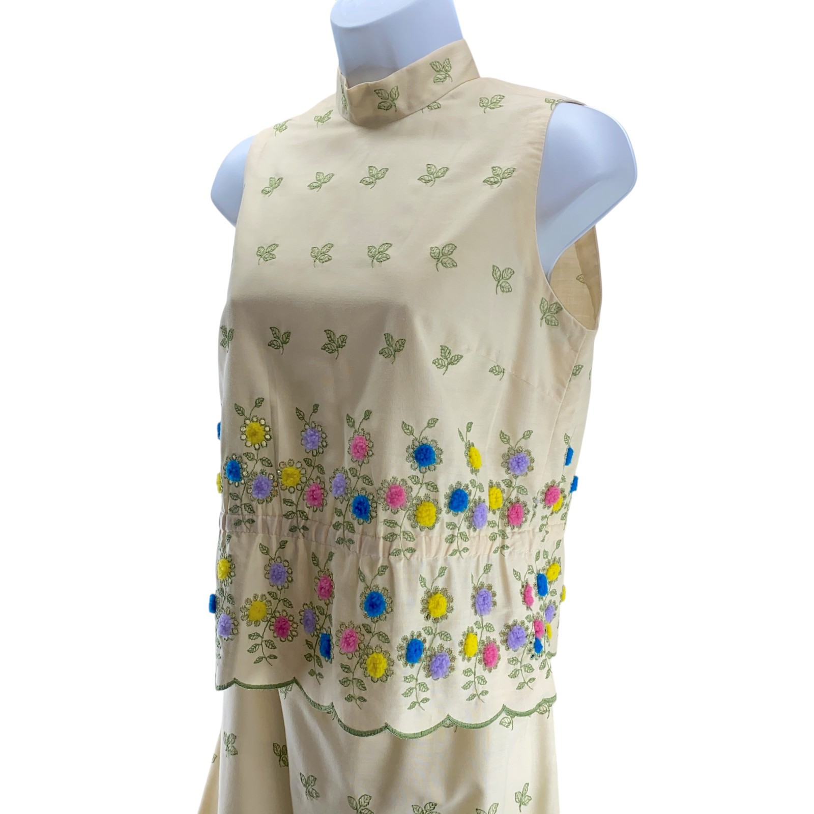 Bonwit Teller Vintage Skirt Set Medium Beige Green Eyelet Lace Leaves Pom Poms