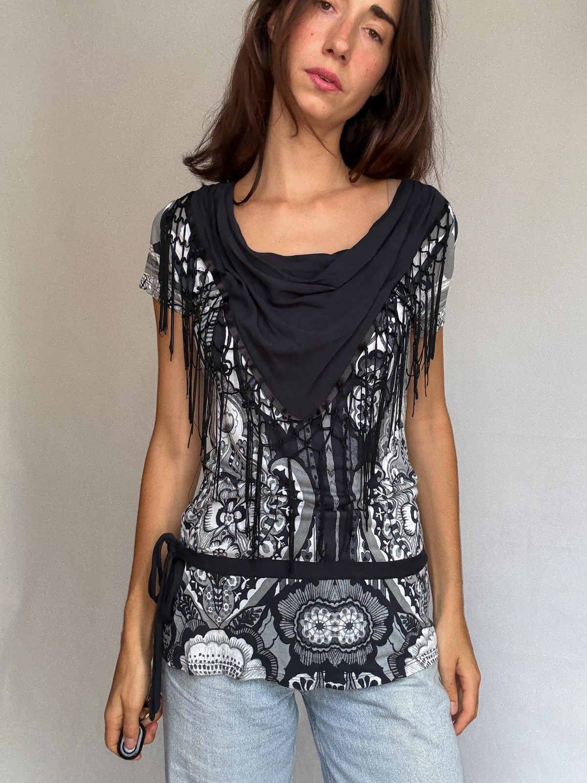Desigual black white gray patterned blouse, cotton feel, relaxed fit, fringed sc