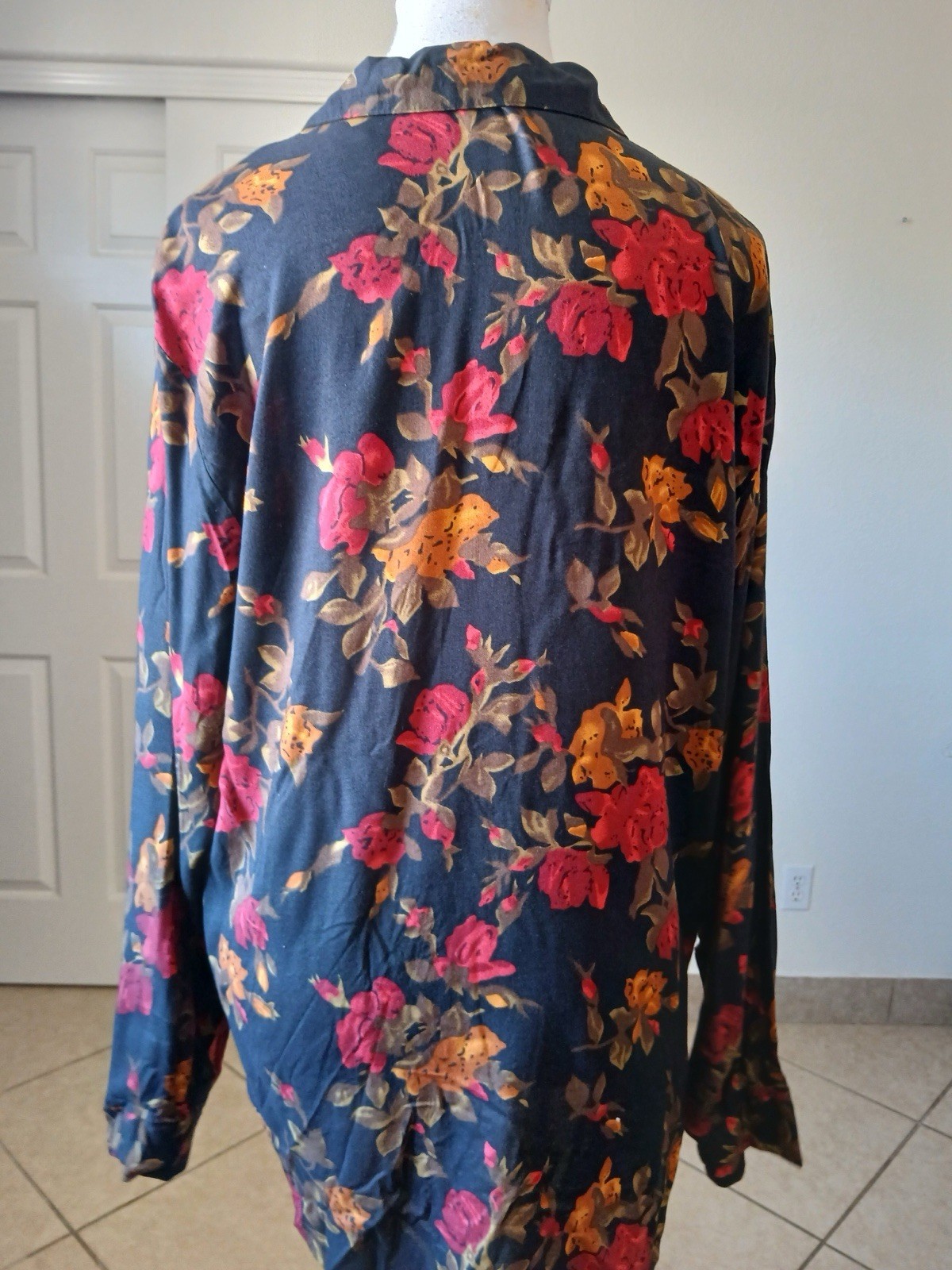 Vtg Judy Knapp 80’s 90’s Floral Long Sleeve Button up Shirt Black Red Orange L